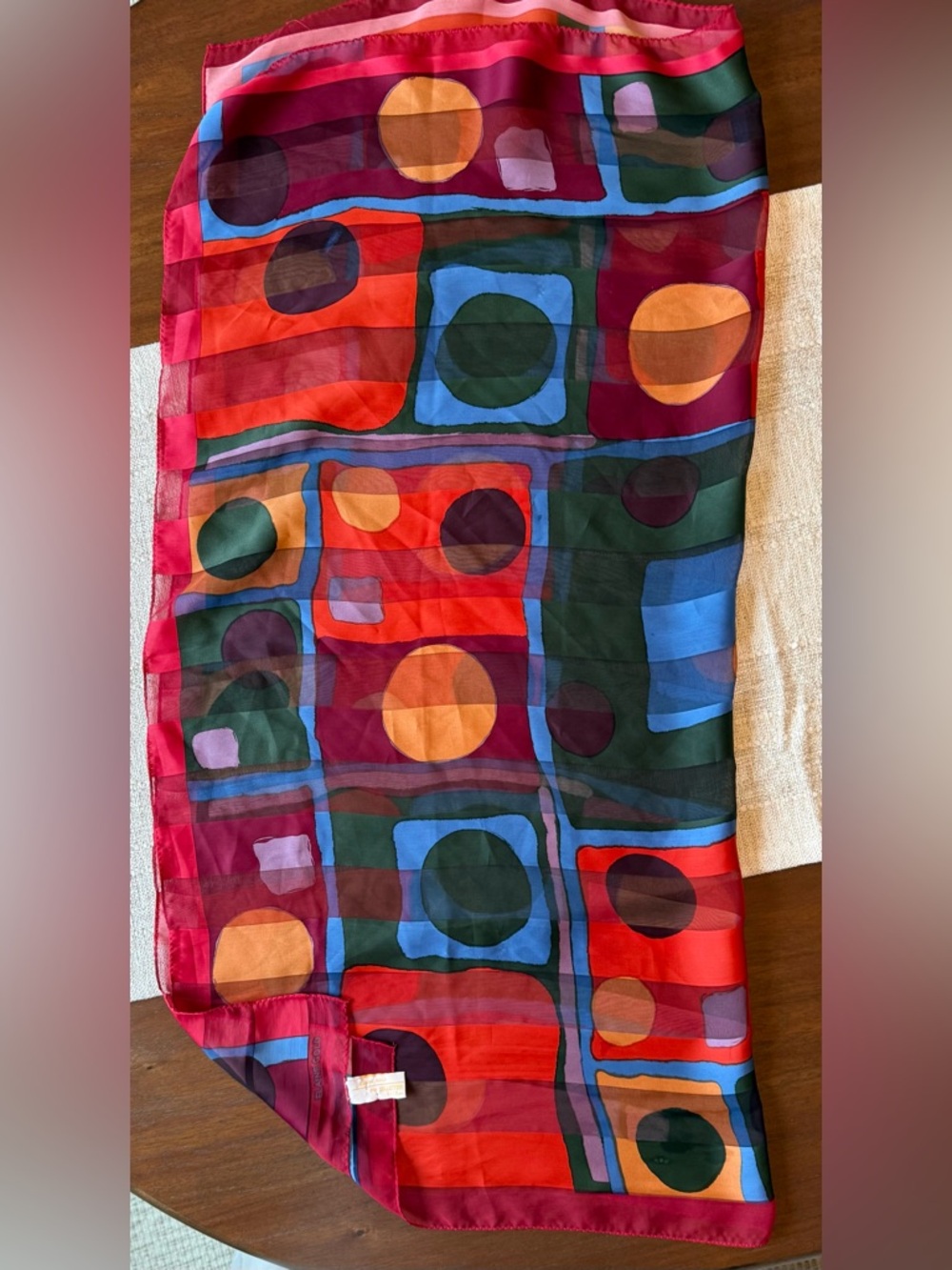 Elaine Gold Sheer Scarf Geometric Print Red Multicolor Retro Wrap